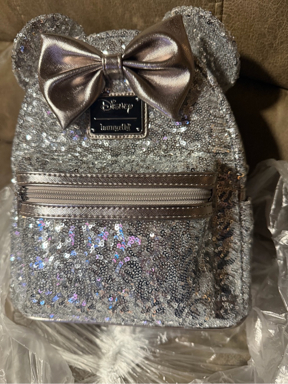 Loungefly Iridescent Silver Sequin Minnie Ear Mini Backpack